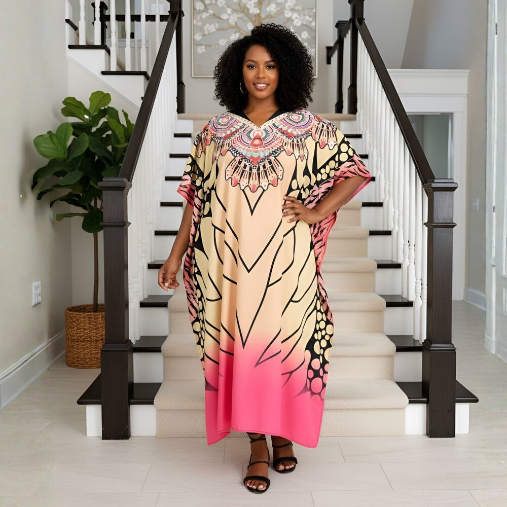 Gypsie Blu Abstract Printed Polyester Caftan Dress Plus Size Maxi Cover Up Dress